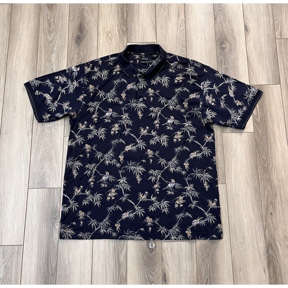 Izod Shirt Mens Sz XL Blue Polo Hawaiian Floral Short Sleeve Mercerized Cotton